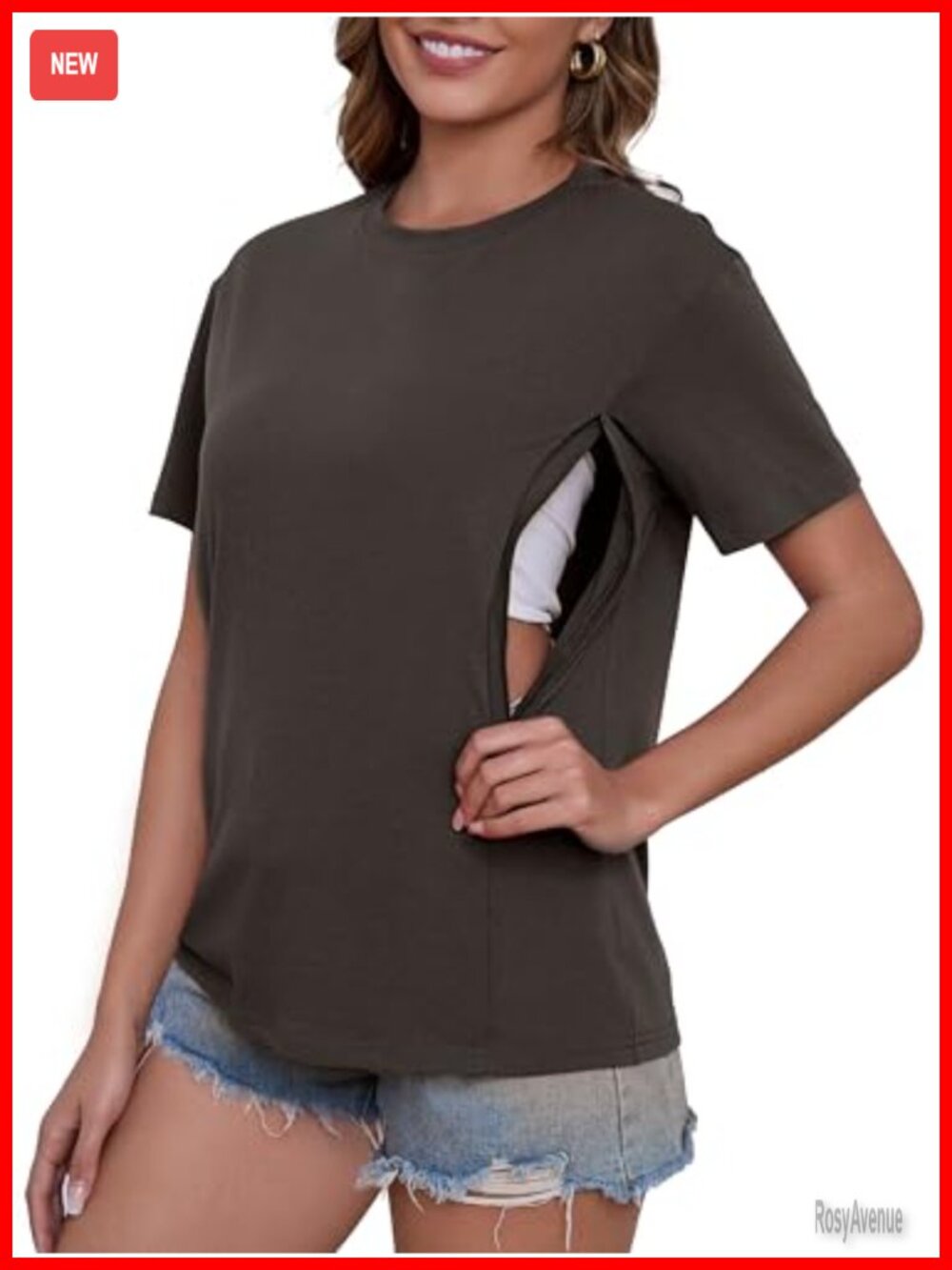 Women's Nursing Shirt Breastfeeding Concealed Zipper Soft Loose Fit Tee